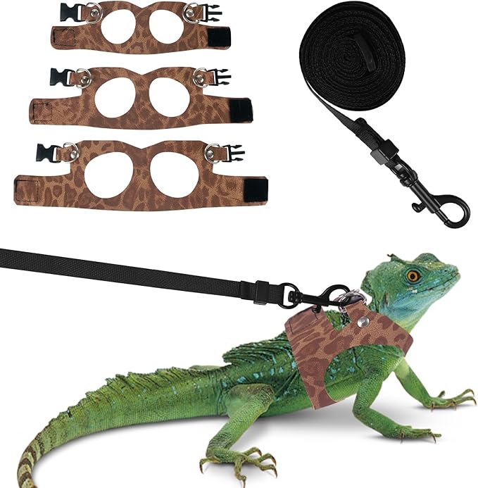 Bearded Dragon Lizard Leash Harness 3 Size Pack Leopard Print Lizard Harness Leash for Outdoor Small Reptiles Animal Squirrels (Brown)