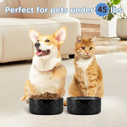 SPUNKYJUNKY Ceramic Dog and Cat Bowls 2 Pack, 6.1'' Dog and Cat Food Water Double Feeding Bowls Non-Slip for Large Sized Breed Microwave Dishwasher Safe - 28.7 OZ, 2pcs, Paw Black