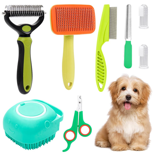 VCZONE 8 Pcs Dog Grooming Kit: Nail Clipper, Flea Comb, Shampoo Brush, Shedding Brush, Dematting Comb, Silicone Toothbrush (Green)
