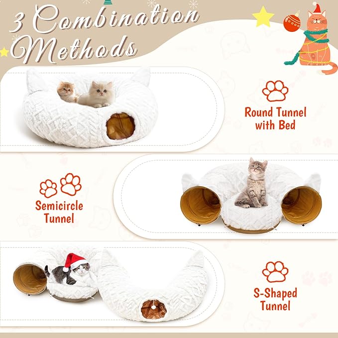 OurWarm Large Cat Tunnel Bed for Indoor Cats with Soft Cushion & Cat Toys, Round Under Tree Cats Donut Tunnel Christmas Tree Skirt, White Plush Pet Peekaboo Cave for Kitten/Puppy/Rabbit to Play