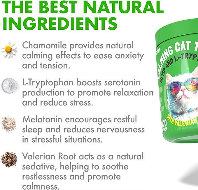 LEGITPET Cat Calming Treats Natural Anxiety Relief for Indoor Cats Stress & Travel Storm Separation Support Helps with Vet Visits, Grooming & Loud Noises Soothing Behavior Aid 100 Yummy Chews