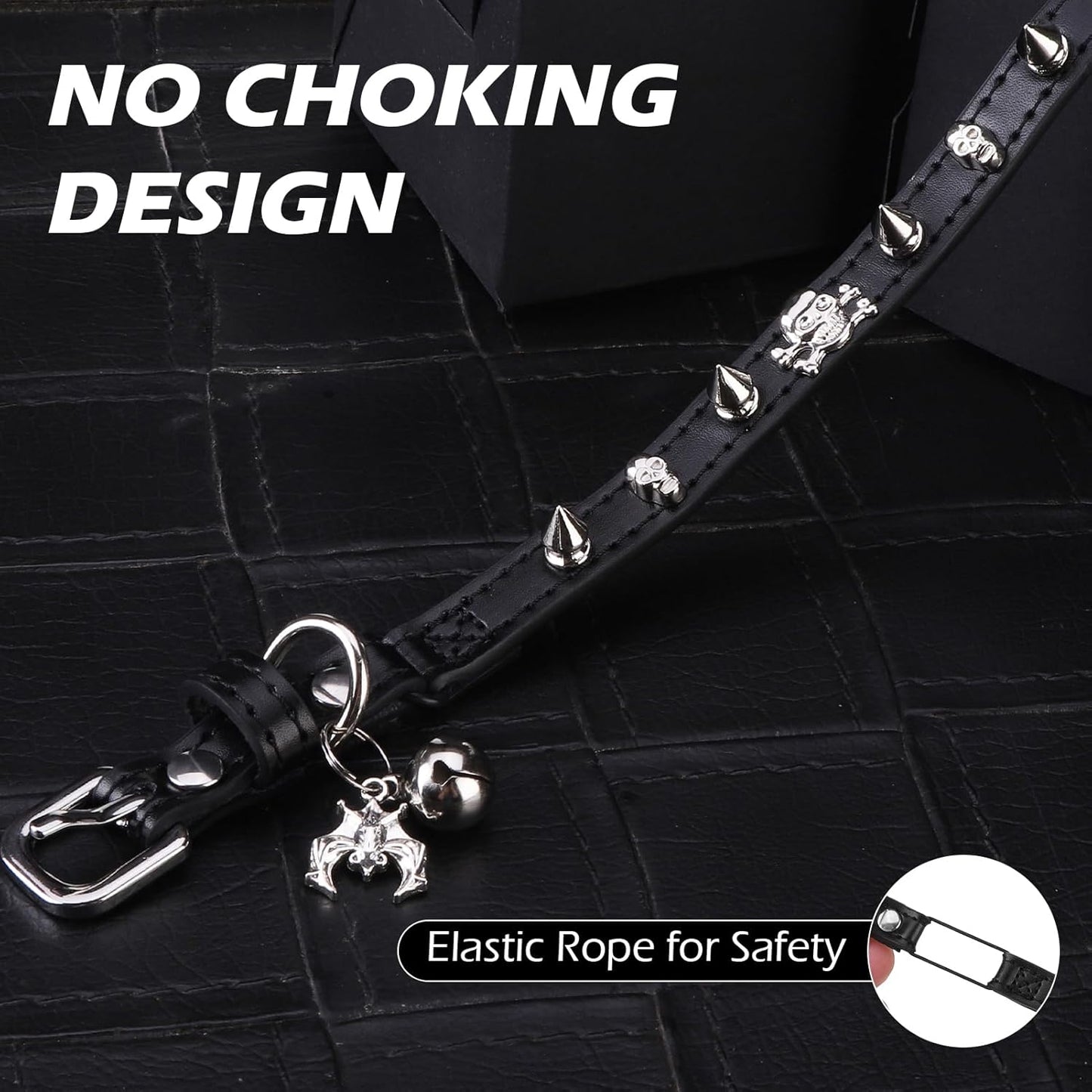 EXPAWLORER Halloween Cat Collar for Girl Boy- Adjustable Leather Pet Collar with Safety Elastic Belt,Personalized Punk Accessories Buckle Collars with Bell & Durable D-Ring, Rivet (Black)