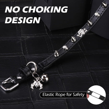 EXPAWLORER Halloween Cat Collar for Girl Boy- Adjustable Leather Pet Collar with Safety Elastic Belt,Personalized Punk Accessories Buckle Collars with Bell & Durable D-Ring, Rivet (Black)