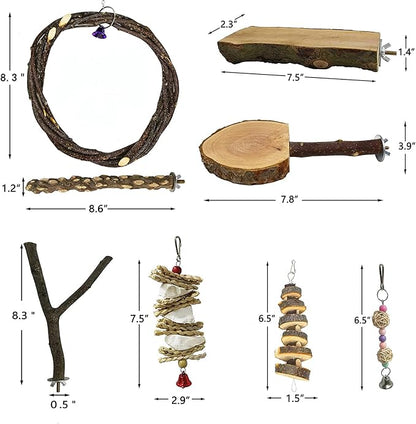 kathson 8PCS Wood Bird Perch Natural Parakeet Perches Bird Swing Chew Toys Natural Paw Grinding Stick Cage Accessories for Parrot Cockatiels Budgie Conure Finches Lovebirds