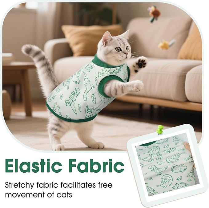 DENTRUN Sleeveless Cat Vest with Dinosaur Print, Breathable Ultra-Soft Dralon Fleece Cat Sweater, All-Season Pet Costume Apparel for Cats, Kitten Clothing for Indoor/Outdoor, Green, M