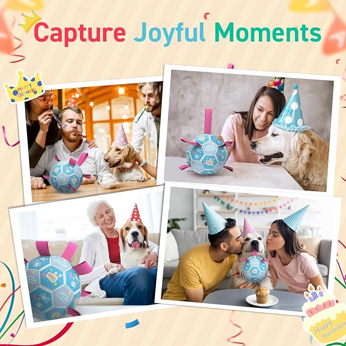 QDAN Dog Birthday Toys, Soccer Ball for Dogs with Straps, Dog Ball Toy, Puppy Birthday Gifts, Durable Herding Balls for Medium Large Dogs (8 inch)