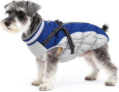 Dog Winter Coat with Harness, Dog Jacket, Pet Clothes with Zipper on Back, Waterproof Windproof Warm Vest, Reflective Cold Weather Coats, for Small Medium Large Dogs, Thick, Blue, S