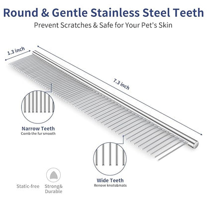 5 in 1 Dog Grooming Kit - Self-Cleaning Slicker Brush for Shedding Short Long Haired Dogs & Cats, Includes Pet Comb, Flea Comb, Bath Brush, Undercoat Rake - Complete Fur Care Set - Blue