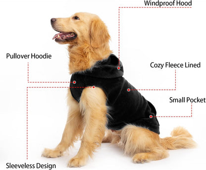 EXPAWLORER Dog Hoodie Fleece Sweater Vest, Hooded Dog Sweatshirt Fall Winter Pet Clothes with Leash Ring, Sleeveless Warm Cozy Puppy Clothing for Cat Small Medium Large Dogs Girl Boy, Black M