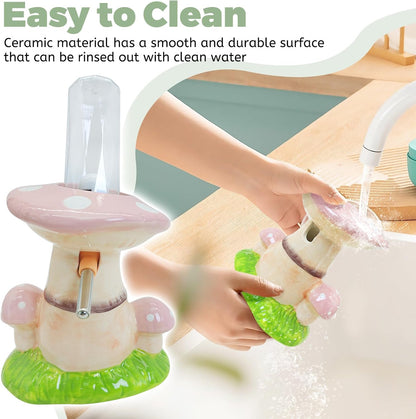 PINVNBY Mushroom Ceramic Hamster Water Bottle 80ML Automatic Gerbil Water Bottle Non Drip with Stand Vertical Hamster Water Dispenser for Guinea Pigs Gerbils Rats Rabbits and Mice (Pink)