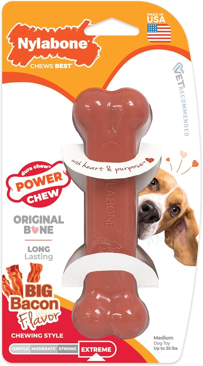 Nylabone Power Chew Classic Bone Chew Toy for Dogs, Durable Dog Toys for Aggressive Chewers, Bacon Flavor, Medium/Wolf - Up to 35 lbs. (1 Count)