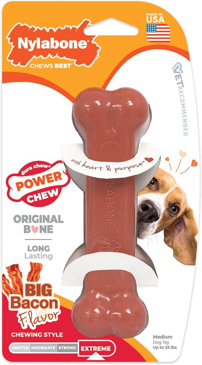 Nylabone Power Chew Classic Bone Chew Toy for Dogs, Durable Dog Toys for Aggressive Chewers, Bacon Flavor, Medium/Wolf - Up to 35 lbs. (1 Count)