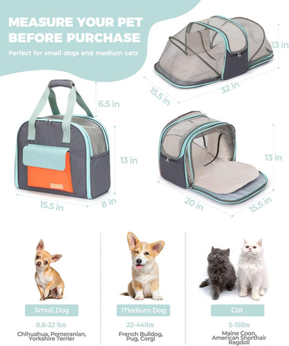 Expandable Pet Carrier Backpack, Cat Carrier Backpacks with Breathable Mesh for Cats Small Dogs Puppies Up to 25 Lbs Airline Approved Waterproof Travel Carrier with Safety Buckle for Hiking & Flights