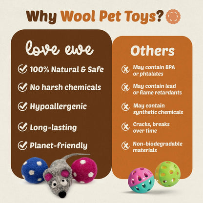 Hustle & Blush Wool Felt Balls 3 Pack Love Ewe Pet Supplies - 2 in Felted Wool Cat Toys 100% New Zealand Wools Felt Cat Toys Handmade Wools Felts Balls - Cats Felts Ball with Bell - Roll The Mice