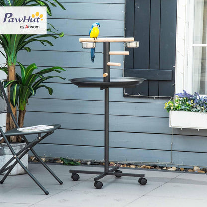 PawHut Bird Play Stand, Portable Parrot Perch, Bird Feeder Station, with Four Wheels, Stainless Steel Feeding Bowls, Round Tray, Grey
