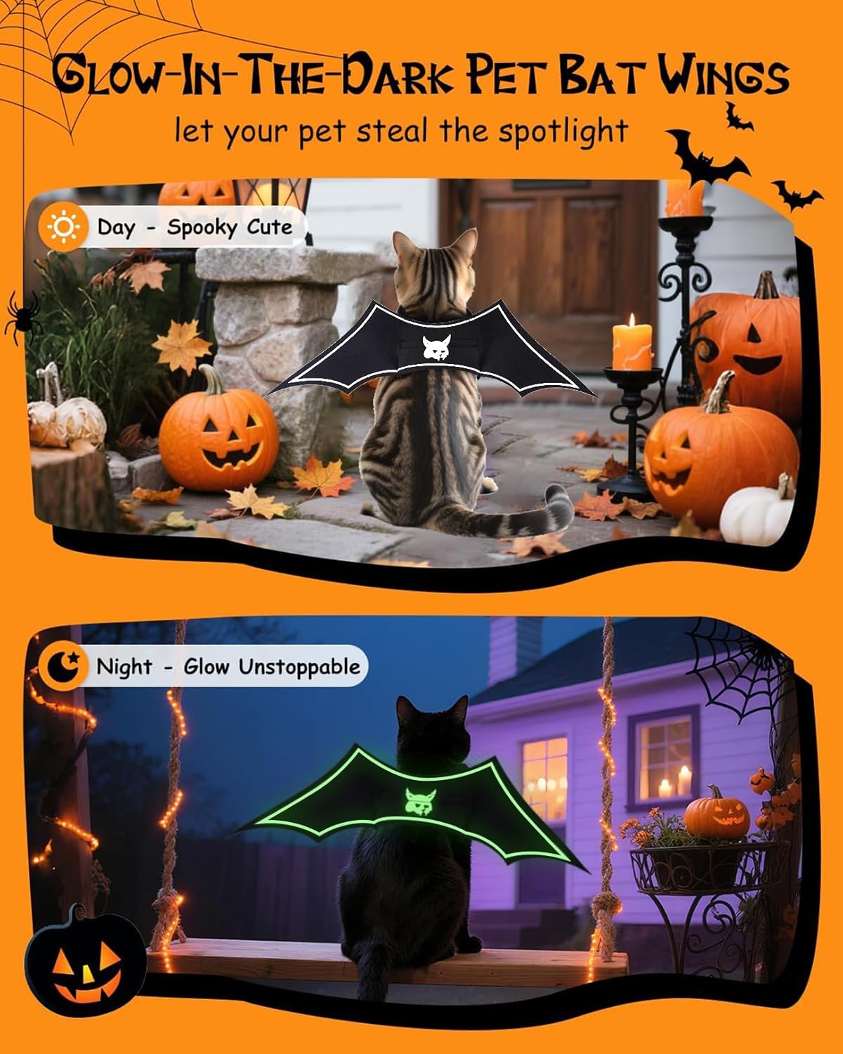 Glow in The Dark Bat Wings Pet Costume, Cat Bat Wings for Halloween Party Decoration, Light Up Pet Collar Leads Cosplay Bat Costume, Cute Puppy Cat Dog Dress Up Accessories ﻿