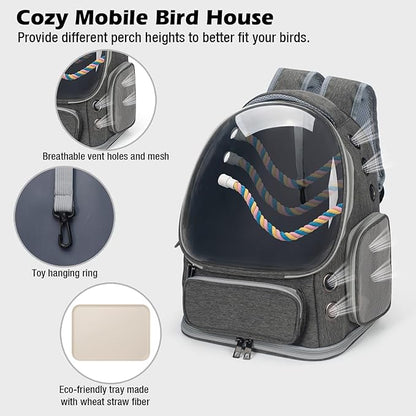 Bird Backpack Carrier Travel Cage with Perch, Tray and Breathable Clear Window, Bird Travel Cage for Cockatiel Caique Conure Quaker, for Vetting Camping Hiking (Grey)