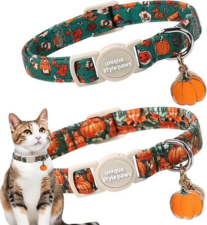 Unique style paws 2 Pack Autumn Halloween Kitten Collar Breakaway with Bell&Pendant, Adjustable Safety Oil Painting Pumpkin Party Cat Cotton Collar for Girl Boy Cat and Small Pet