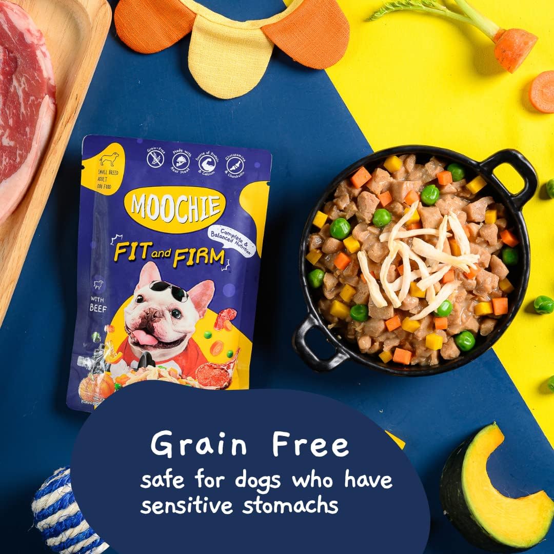 MOOCHIE Grain Free Small Dogs Wet Dog Food - Fit and Firm - Real Beef & Vegetables - No Artificial Flavors or Preservative - 12 x 3 oz Pouch