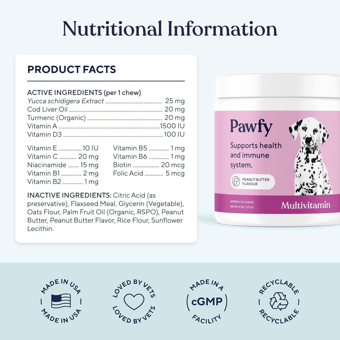 Pawfy Dog Multivitamins 15 in 1 | Dog Vitamins for Skin & Coat - Supports Overall Wellness | Advanced Senior Dog Supplements from Occasional Itching | Puppy Tasty Vitamin C Chews - 30 Count