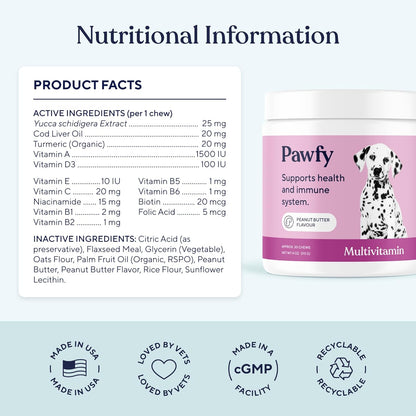 Pawfy Dog Multivitamins 15 in 1 | Dog Vitamins for Skin & Coat - Supports Overall Wellness | Advanced Senior Dog Supplements from Occasional Itching | Puppy Tasty Vitamin C Chews - 30 Count