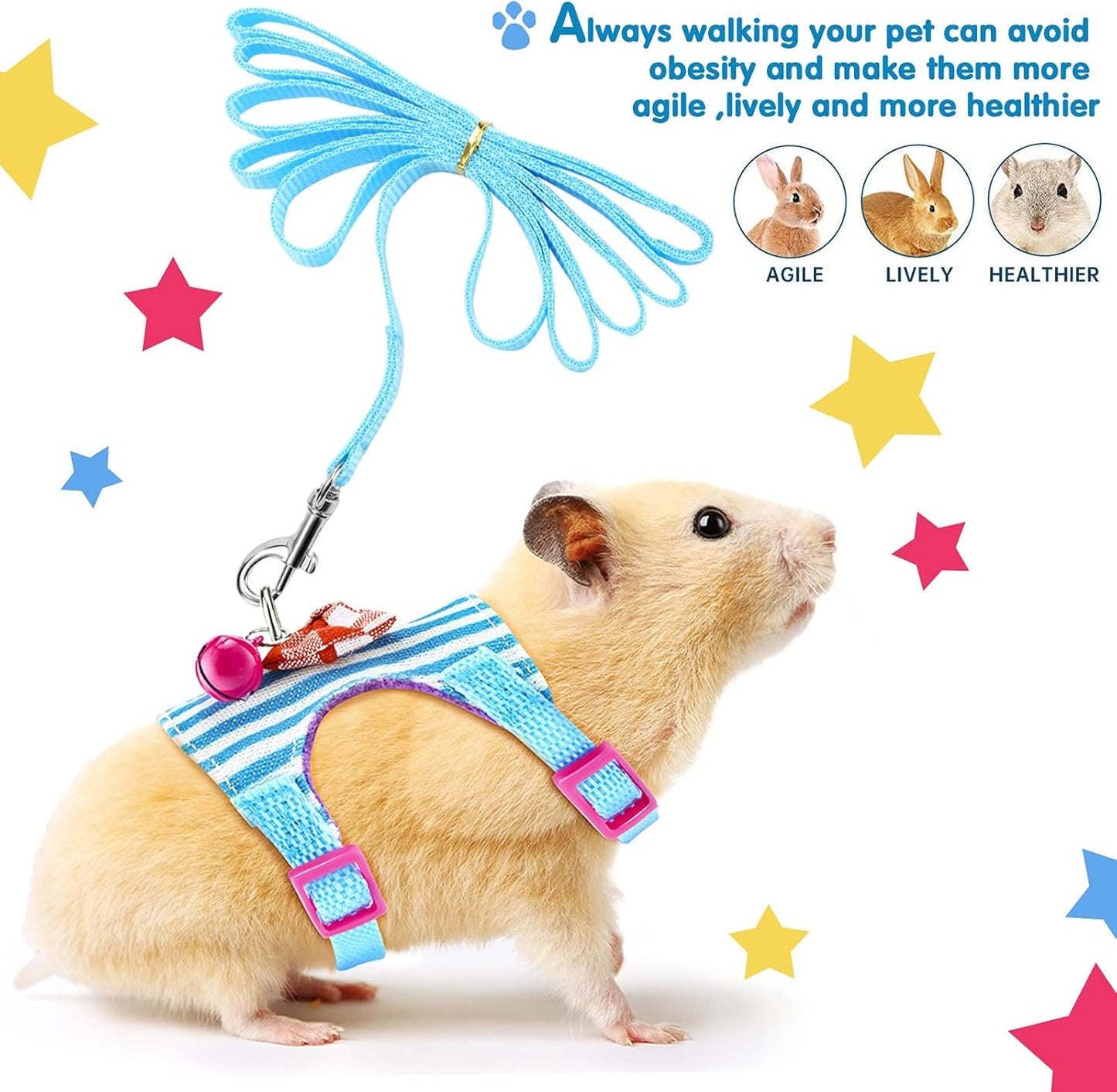 2 Pieces Hamster Harness and Leash Set for Walking, Small Guinea Pig Clothes with Bowknot Bell, No Pulling Comfort Padded Vest Striped for Guinea Pig Hamster Ferret, Small Animals (Blue, Pink,S)