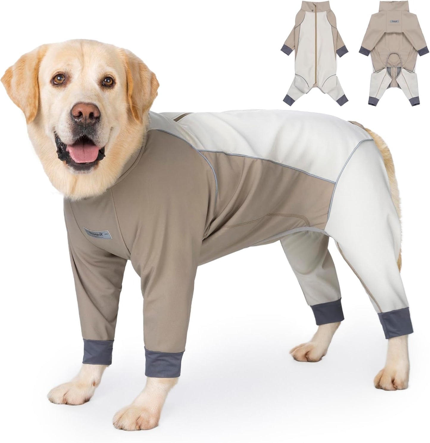 Dog Full Body Winter Coat, Waterproof Fleece Jacket for Small Medium Large Dogs Reflective Snowsuit with Zipper for Outdoor Skating (Beige, 3XL(Weight 33-53 lbs))