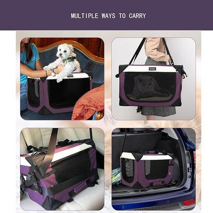 Large Cat Carrier, Collapsible Dog Travel Crate Portable Soft-Sided Pet Carrier with Super Soft Warm Plush Mat for Indoor and Outdoor 20x14x14in,Purple
