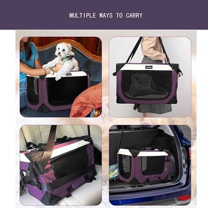Large Cat Carrier, Collapsible Dog Travel Crate Portable Soft-Sided Pet Carrier with Super Soft Warm Plush Mat for Indoor and Outdoor 24x16x16in,Purple