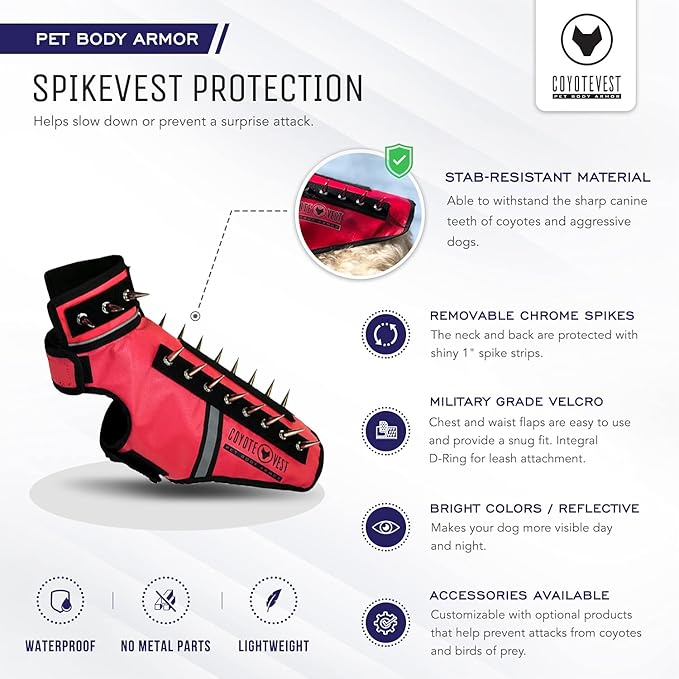 CoyoteVest SpikeVest Dog Harness Vest for Small Dogs, Reflective Dog Vest with Spikes to Shield Your pet from Coyotes, Raptor and Animal Attacks, Anti Hawk Vest, Made in USA (XXS-Red)