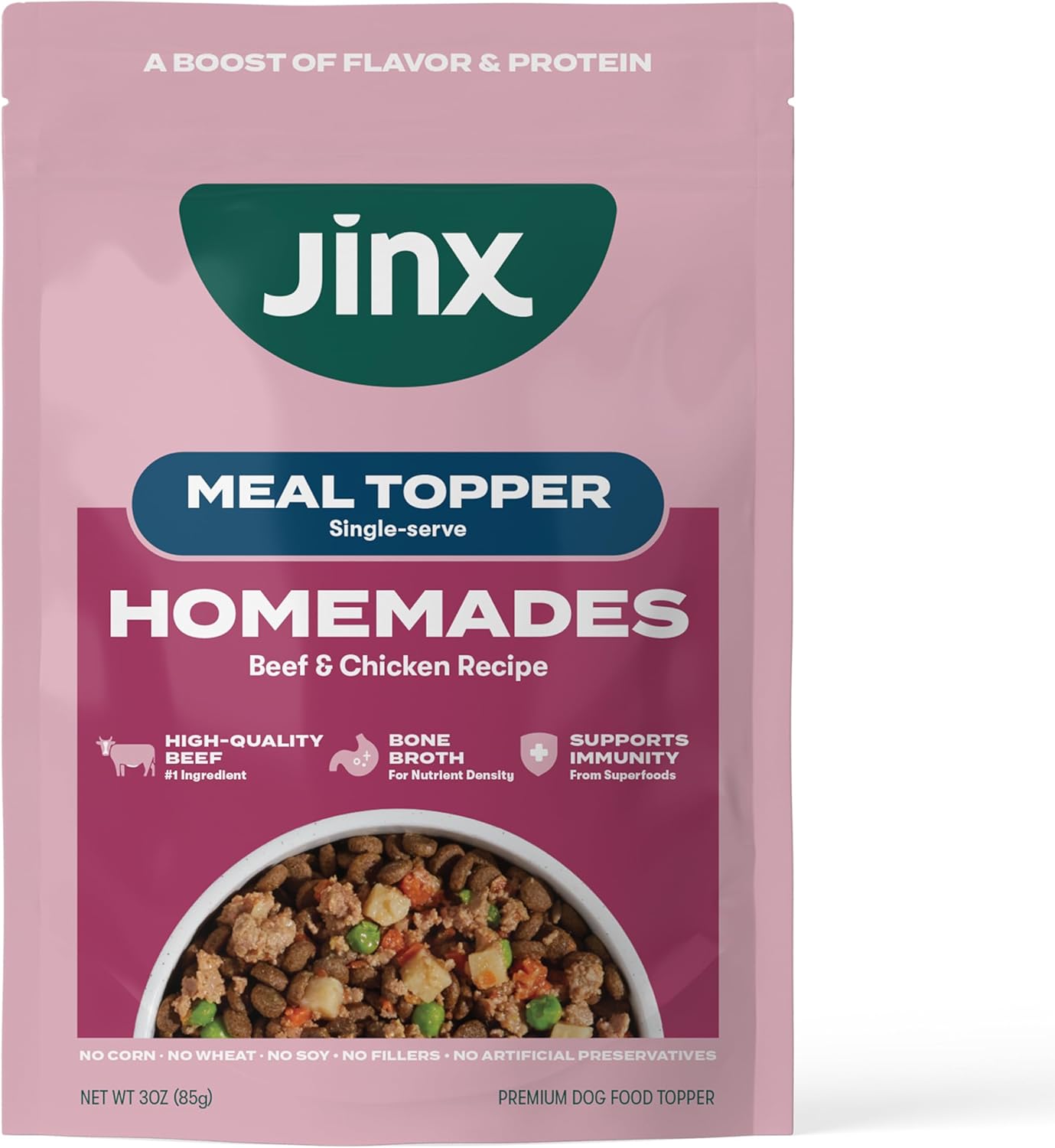 Jinx Beef Wet Dog Food Pouches, Meal or Dog Food Topper Mix-in, Made with Real Beef & Chicken, Bone Broth, No Fillers - Puppy, Adult, Senior, 3oz, 8 Pack