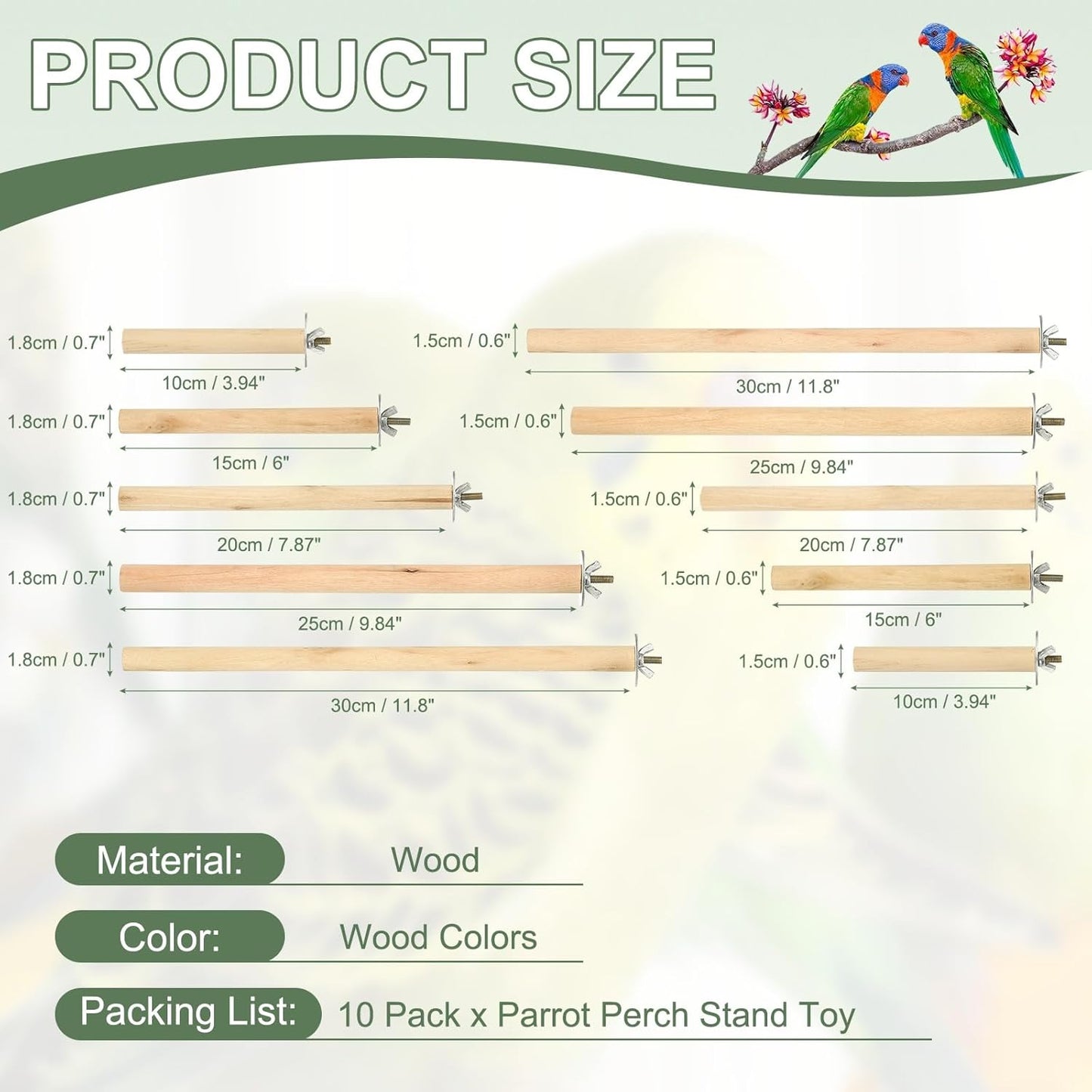 Parrot Perch, Wooden Parrot Perch Stand Toy, Paw Grinding Stick, Bird Cage Accessories, 10 Sizes (Wood Color, 10 Pcs) Birds Toys Intended for Cage/Parakeets/Conure/Budgie