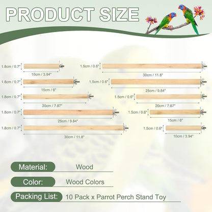 Parrot Perch, Wooden Parrot Perch Stand Toy, Paw Grinding Stick, Bird Cage Accessories, 10 Sizes (Wood Color, 10 Pcs) Birds Toys Intended for Cage/Parakeets/Conure/Budgie