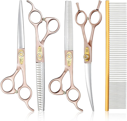 JASON Professional Dog Grooming Scissors Set - 6 in 1 Sharp Shears Set With 7" Thinning, Chunker, Straight, Curved Shears and Comb for Cat Pet, Rosegold