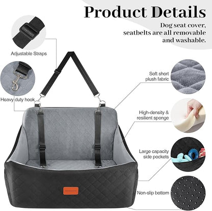 Dog Car Seat for Medium & Large Dogs Up to 55lbs, Memory Foam Cushion, Washable Cover, Safety Straps & Non-Slip Base(Black/Grey,Large)