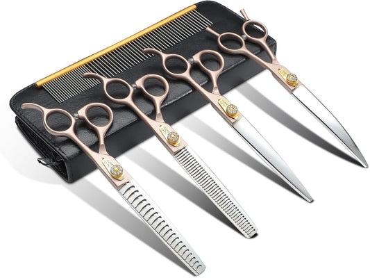 JASON Professional Dog Grooming Scissors Set - 6 in 1 Sharp Shears Set With 7" Thinning, Chunker, Straight, Curved Shears and Comb for Cat Pet, Rosegold