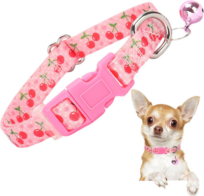 XS Dog Collar with Bell - Durable Nylon Collar for Small Breeds, Adjustable Cute Fruit Pattern Collar for Chihuahua Pomeranian Yorkie, Heavy-Duty for Active Puppies（Cherry XS）