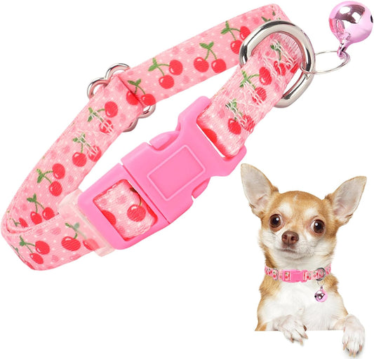 Small Dog Collar with Bell - Durable Nylon Collar for Small Breeds,Adjustable Cute Fruit Pattern Collar for Chihuahua Pomeranian Yorkie, Heavy-Duty for Active Puppies（Cherry S）
