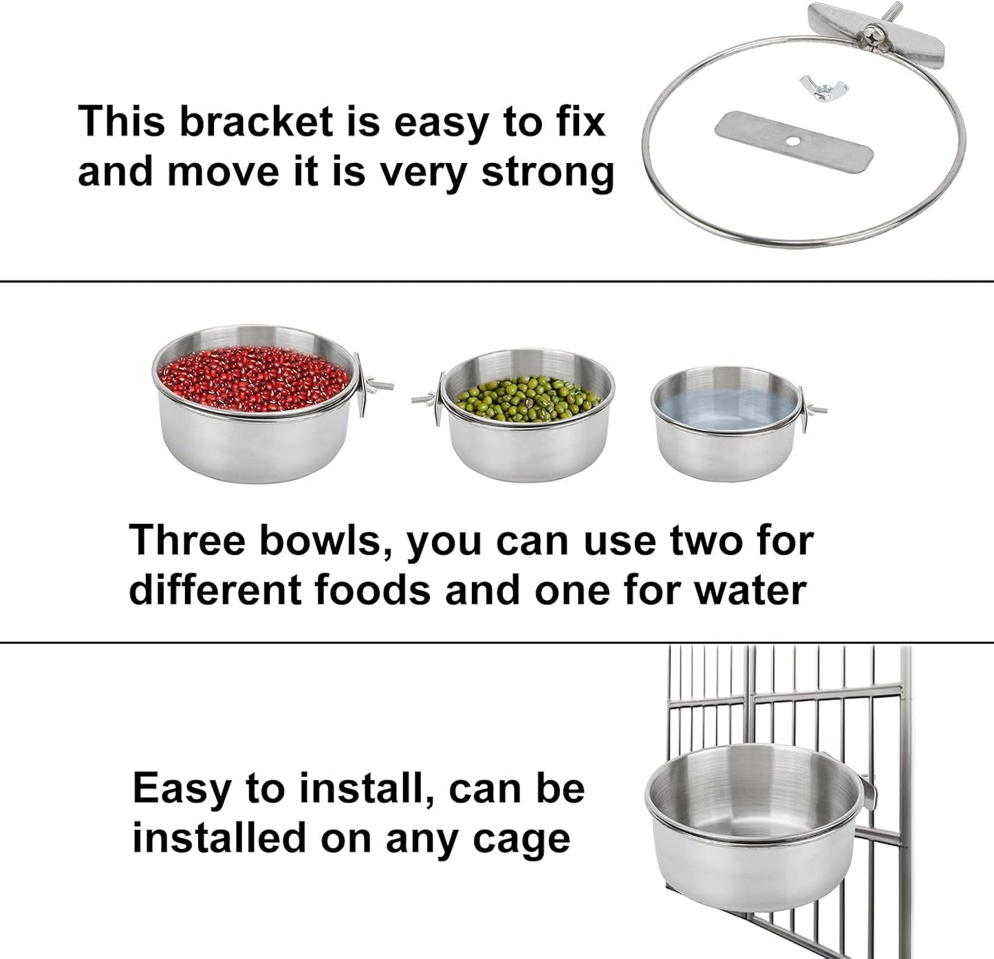 Bird Feeding Dish Cups 3 Pack Parrot Food Bowl Cage with Clamp Holder Stainless Steel Birdcage Coop Water Feeder for Cockatiel Conure Budgies Parakeet Macaw Finches Lovebirds Small Animal (S+M+L)