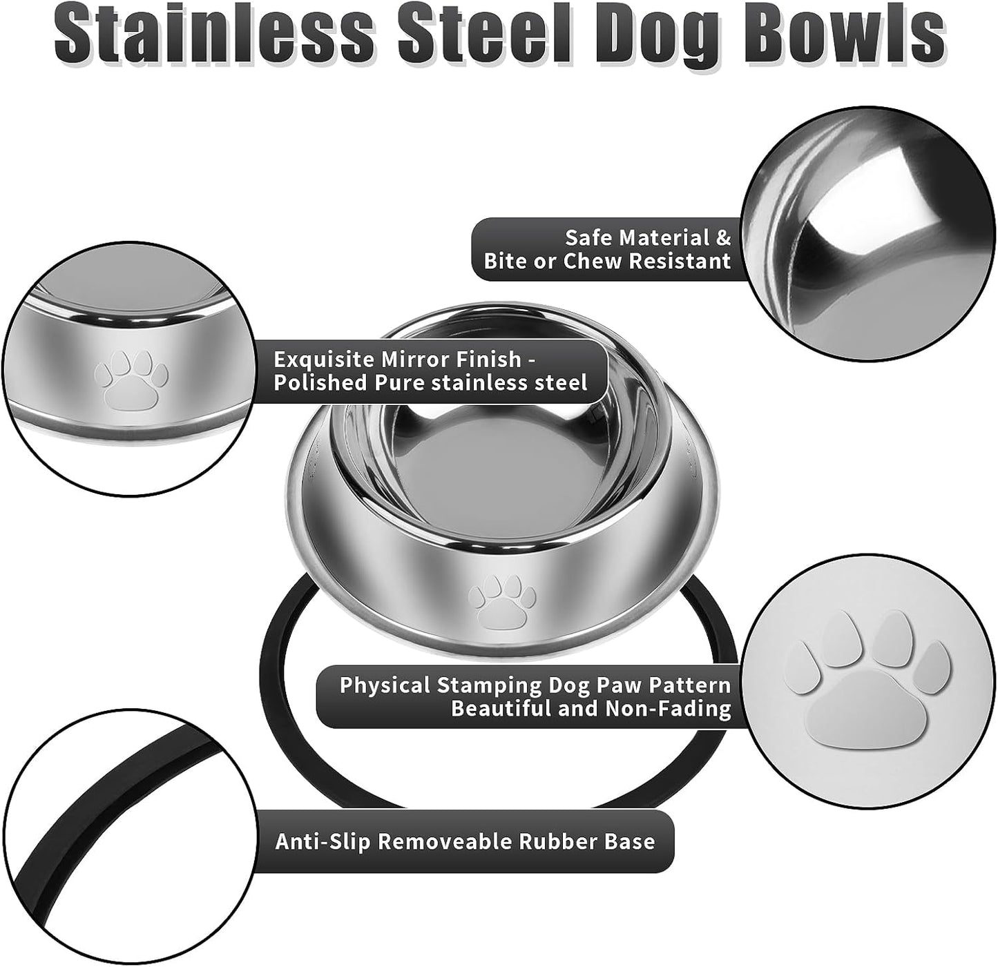 3Pcs Stainless Steel Dog Bowls Set with Dog Paw Pattern- Non-Slip Food and Water Bowl 20 Oz - Dishwasher-Safe, Rust Resistant Metal Pet Bowls for Small/Medium/Large Sized Pets