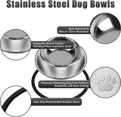 3Pcs Stainless Steel Dog Bowls Set with Dog Paw Pattern- Non-Slip Food and Water Bowl 13 Oz - Dishwasher-Safe, Rust Resistant Metal Pet Bowls for Small/Medium/Large Sized Pets