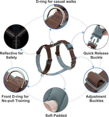 Plutus Pet No Pull Dog Harness, Adjustable Nylon Harness with Soft Padding, Reflective and Heavy Duty Dog Harness for Small, Medium, Large Dogs(Chocolate, S)