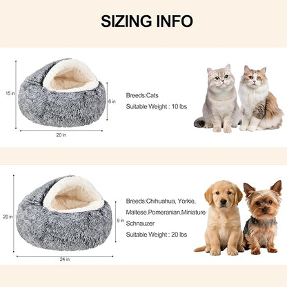 MADDEMCUTE Calming Dog & Cat Cave Bed With Hooded Cover, Removable Washable Round for Small Medium Pets, Anti-Slip Faux Fur Fluffy Coved for Improved Sleep, Fits up to 15/25 lbs (Grey, S)