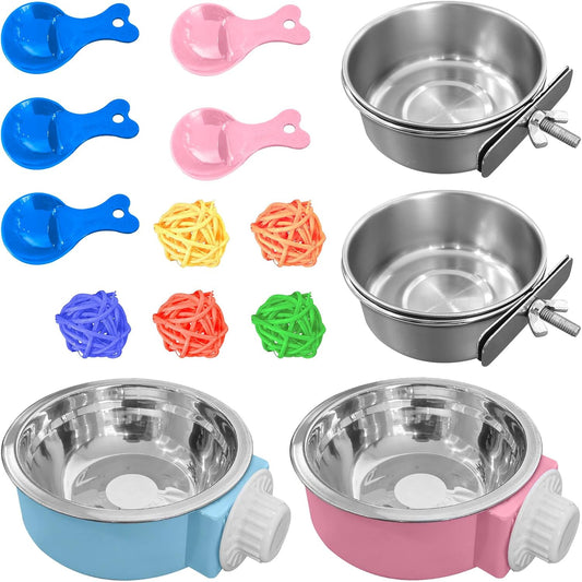 4 Pack Stainless Steel Bird Feeding Dish Cups with 5pcs Colorful Spoon and 5pcs Rattan Ball，for Chinchilla, Parrot, Cockatiel, Conure, Budgies, Hamster, Small Animal