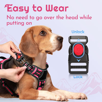Eagloo Dog Harness for Large Dogs, Easy Wearing with 3 Buckles, Adjustable No Pull Pet Harness with 2 Rings for Walking, No Chock Reflective Soft Padded Vest with Control Handle, Pink & Black, XL