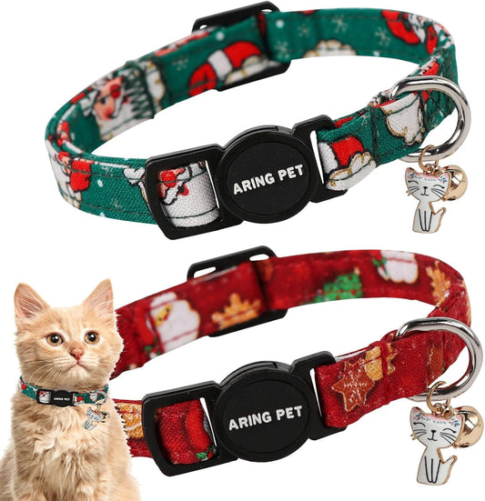 ARING PET 2 Pack Christmas Cat Collars-Cute Cat Collar Breakaway with Bell&Pendant, Adjustable Christmas Kitten Collars with Safety Buckle for Girl and Boy Cats