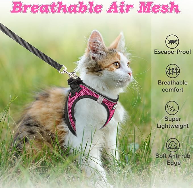 Cat Harness and Leash for Walking Escape Proof, Adjustable Kitten Vest Harness Reflective Soft Mesh Puppy Harness for Outdoor, Comfort Fit, Easy to Control (Pink, L)