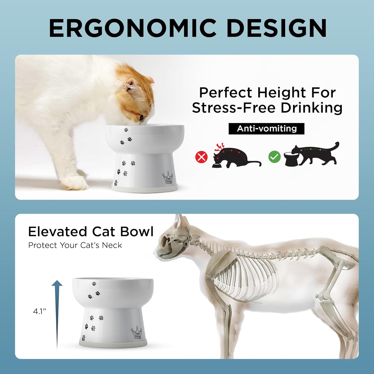 Necoichi Elevated Cat Water Bowl – Ceramic Raised Cat Bowl, Prevents Neck & Whisker Fatigue – Dishwasher & Microwave Safe – Pet Water Bowl for Cats (Cat, Extra Tall)