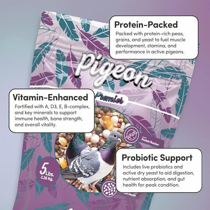 Mycelium Organic Pigeon Premier Feed (5 LB Bag) | High-Protein Wild Bird Food with Probiotics & Vitamins | Supports Strength, Gut Health & Daily Performance | Non-GMO, No Fillers, Made in USA