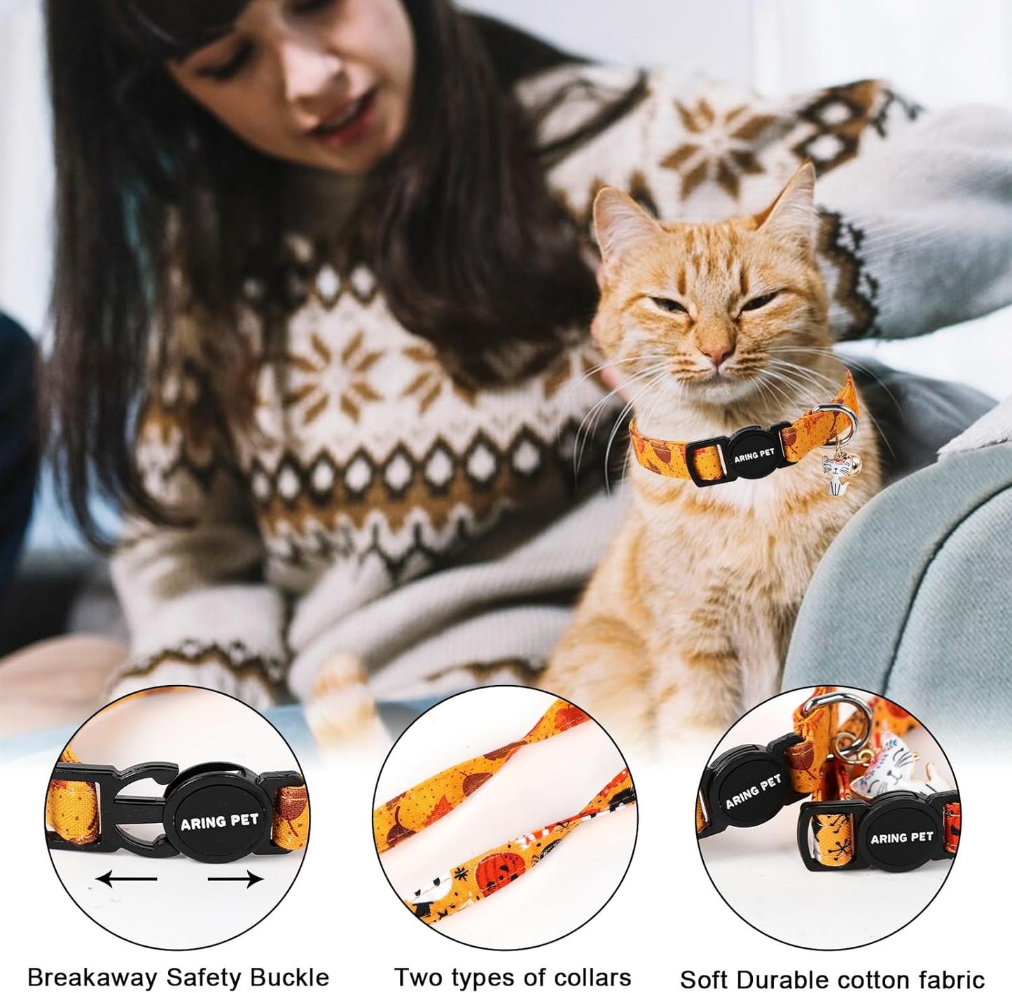 ARING PET 2 Pack Fall Cat Collars-Cute Breakaway Cat Collar with Bell & Pendant, Adjustable Fall&Halloween Kitten Collars with Safety Buckle for Girl and Boy Cats